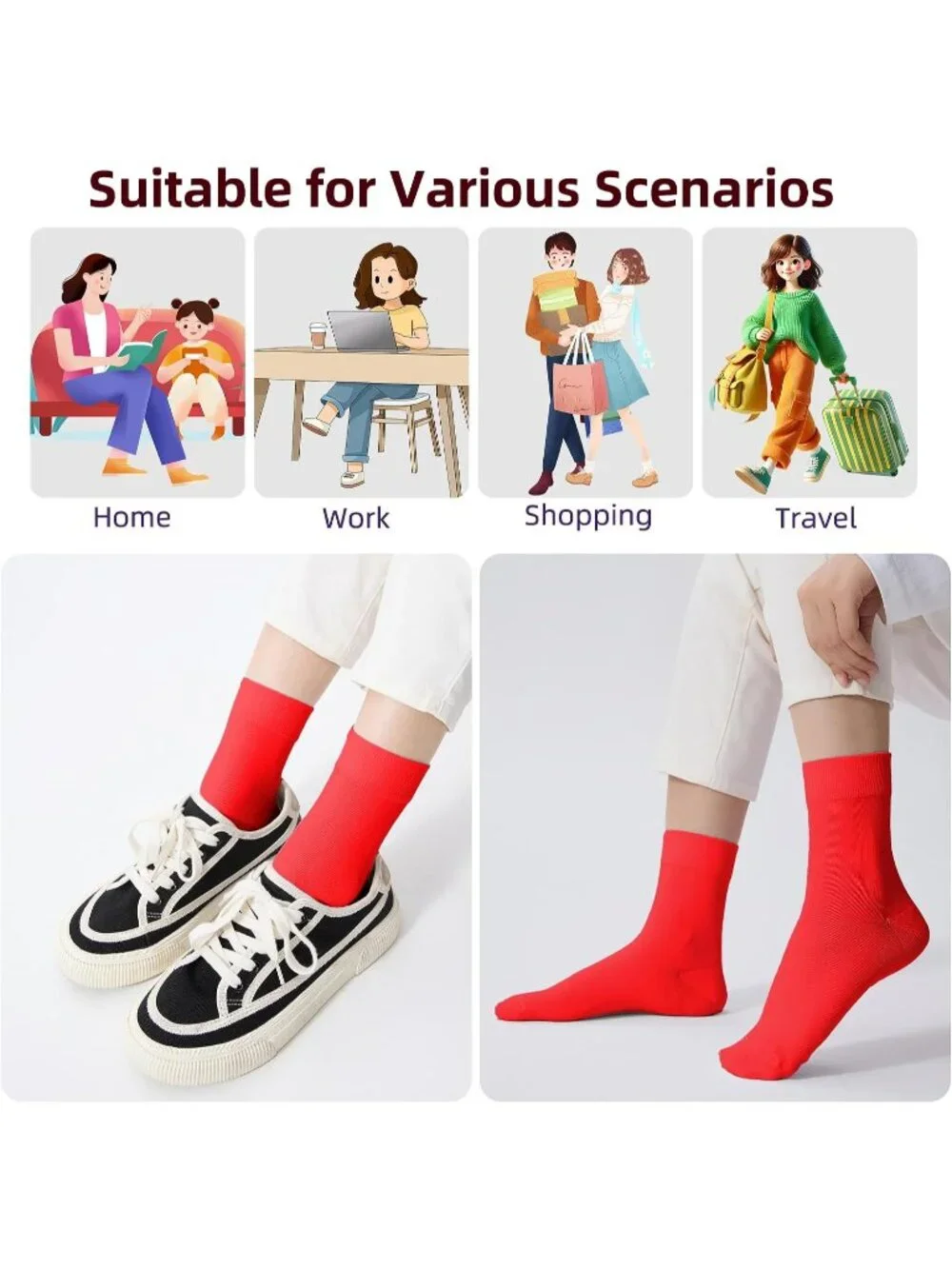 🧦Women's Dark Red 6 Pairs Thin Above Ankle Socks Cotton Crew Socks